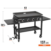 Blackstone 36 Inch Gas Griddle Cooking Station 4 Burner Flat Top Gas Grill Propane Fuelled Restaurant Grade Professional 36” Outdoor Griddle Station with Side Shelf (1554)
