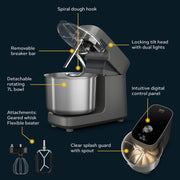 Spiral Mixer 7.3L 58 Speeds Dough Hook Beater Whisk Charcoal Grey